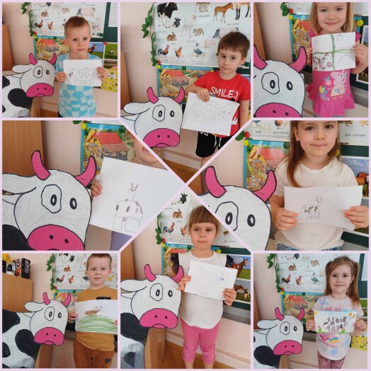 Dzieciaki prezentują swoje prace plastyczne. Same rysowały krowę.